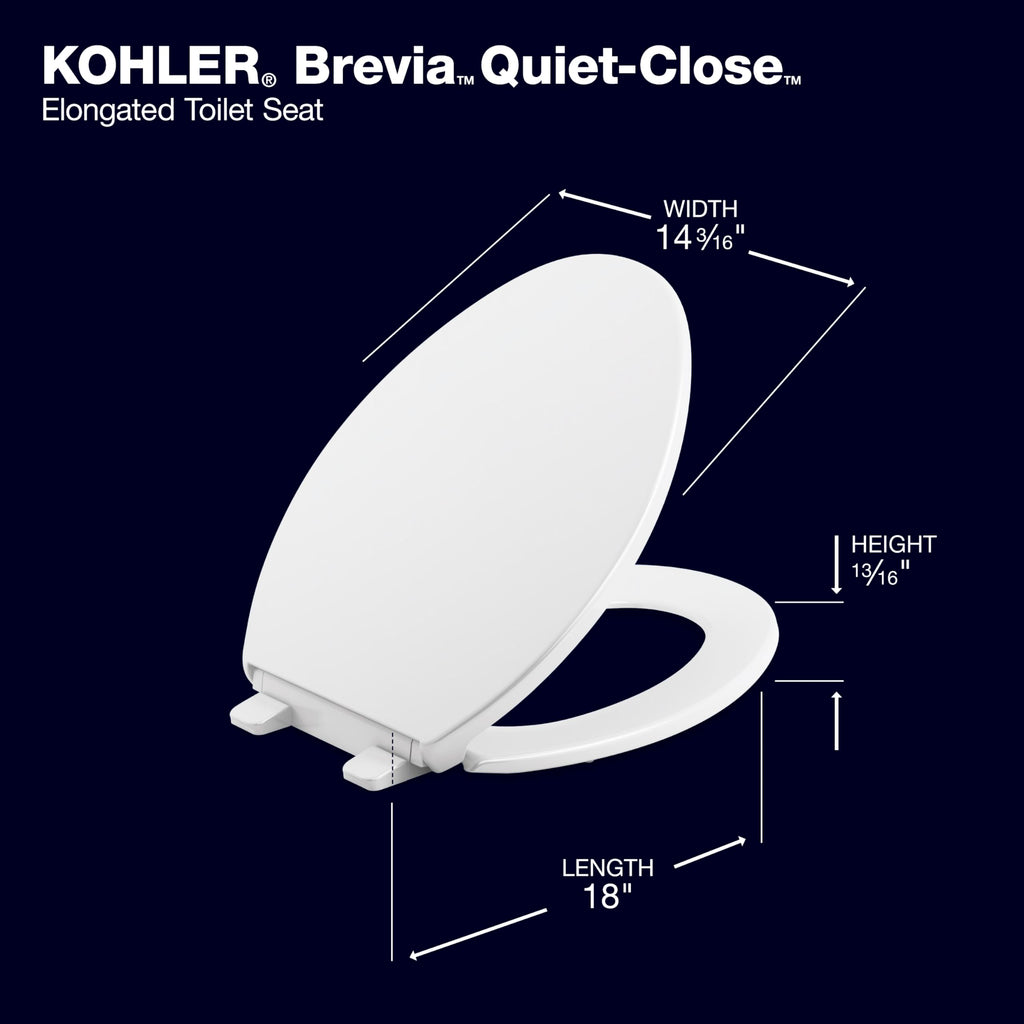 Kohler K-20110-0 Brevia Elongated Toilet Seat with Grip-Tight Bumpers, Quiet-Close Seat, Quick-Attach Hardware, White