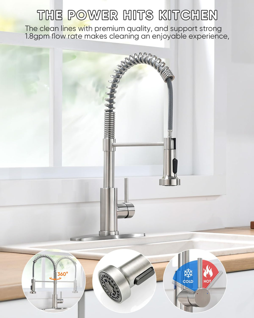 OWOFAN Kitchen Faucets, Brushed Nickel Kitchen Sink Faucet with Pull Down Sprayer Single Handle with Deck Plate Stainless Steel, Suitable for Farmhouse Camper Laundry Rv Bar - OWOFAN 9009SN