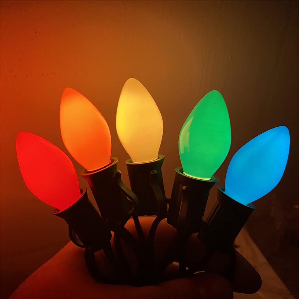 Romasaty 25 Pack Christmas Light Bulbs, C7 Ceramic Multi-Color Replacement Bulbs, C7 Outdoor String Lights Replacement Bulbs, C7/E12 Candelabra Base, 5 Watt