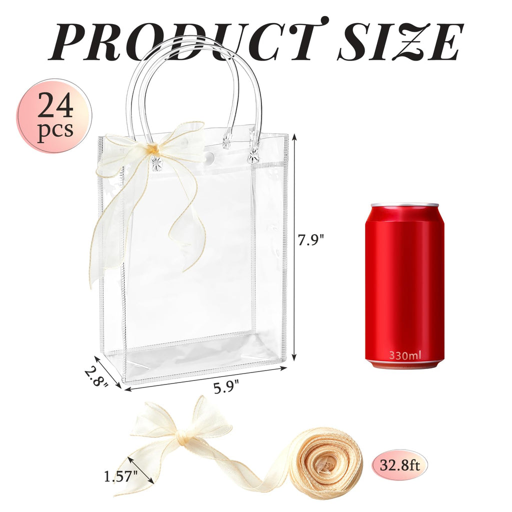Ohuimrt 24 PCS Clear Plastic Gift Bags with Handles, Reusable Party Favor Bags with Ribbon Transparent Gift Wrap Bags Bulk for Weddings Birthdays, 5.9 x 7.9 x 2.8 Inches