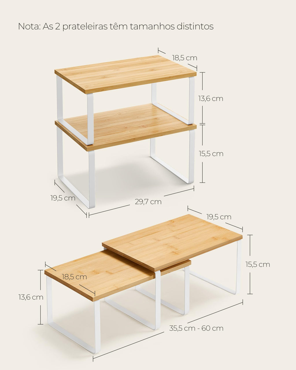 Cabinet Organizer Shelf, Set of 2 Kitchen Counter Shelves, Kitchen Storage, Spice Rack, Stackable, Expandable, Metal and Engineered Wood, 11.7 Inches, Cloud White and Natural Beige UKCS02NW