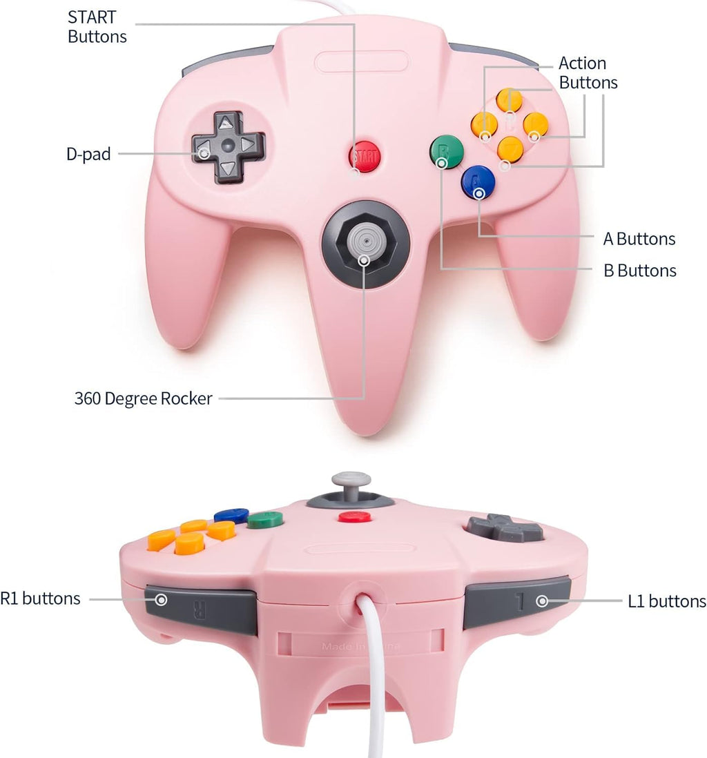 2 Pack Classic N64 Controller, kiwitatá Retro N64 Remote Gaming Joystick Wired Gamepad Controller for N64 System Video Games Console Pink
