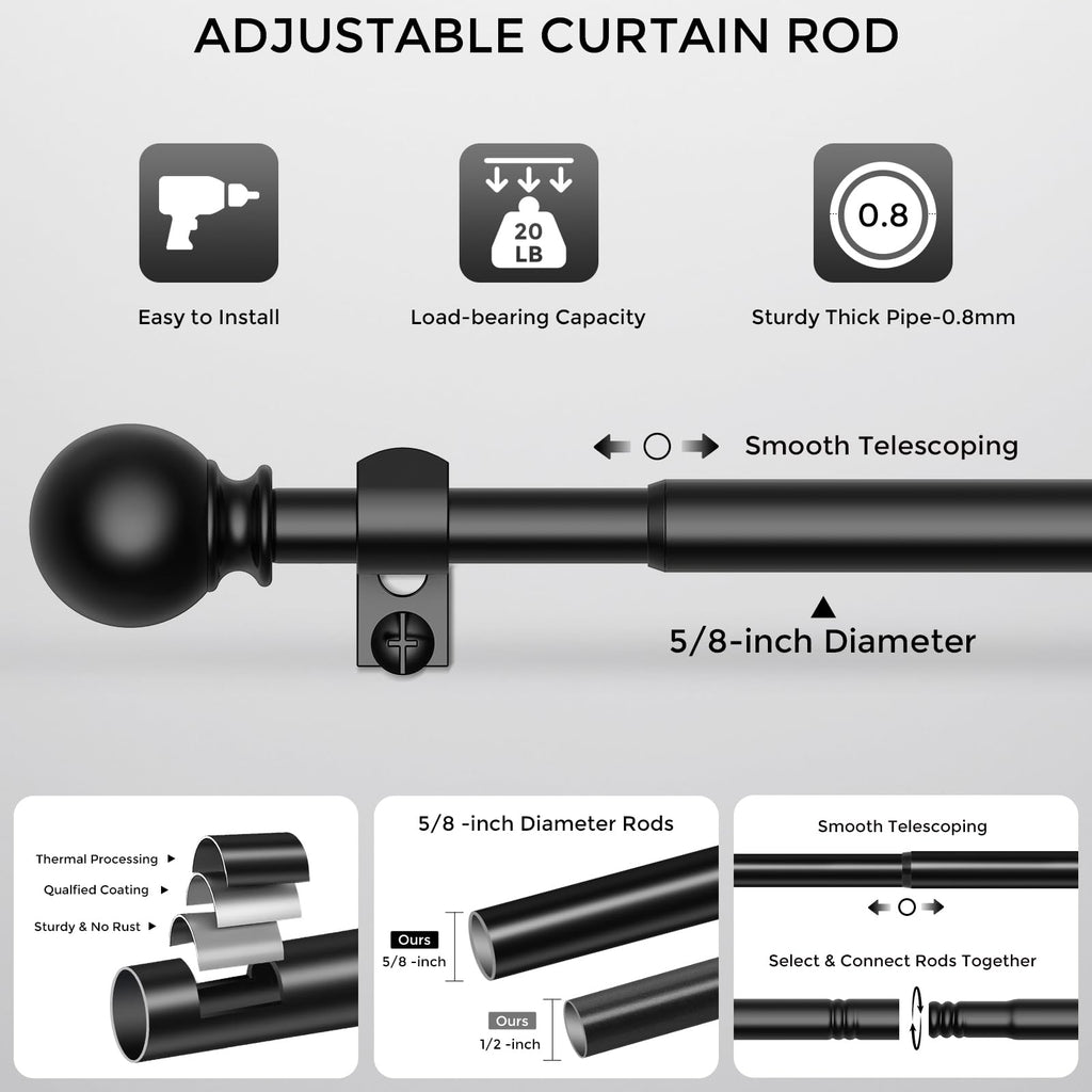 Curtain Rod for Windows 18-45 Inch, Black 5/8 Inch Small Window Treatment Rods, Short Adjustable Splicing Drapery pole, Matte Black