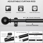 Curtain Rod for Windows 18-45 Inch, Black 5/8 Inch Small Window Treatment Rods, Short Adjustable Splicing Drapery pole, Matte Black