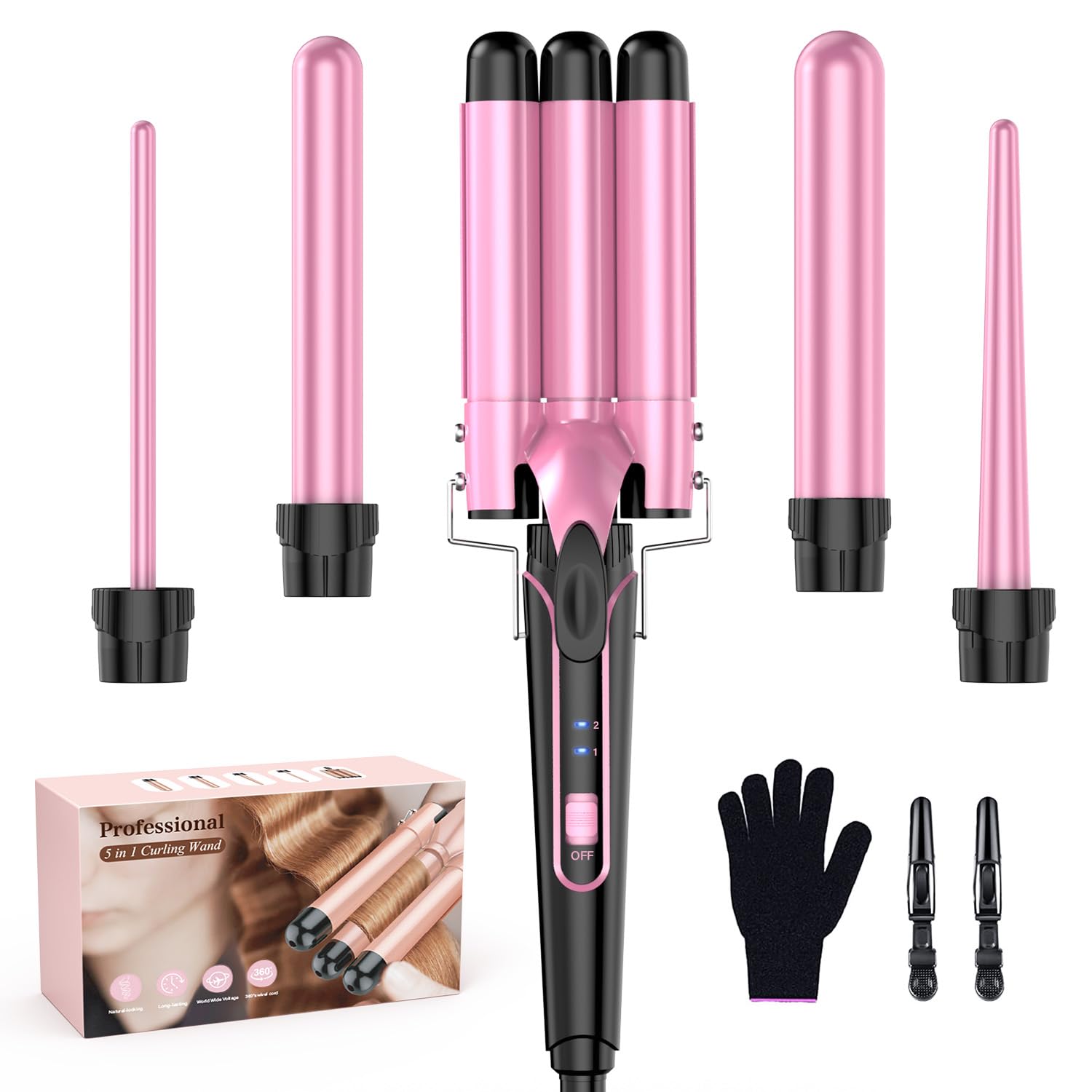 Waver Curling Iron Curling Wand - BESTOPE PRO 5 in 1 Curling Wand Set with 3 Barrel Hair Crimper for Women, Fast Heating Crimper Wand Curler in All Hair Type-Pink