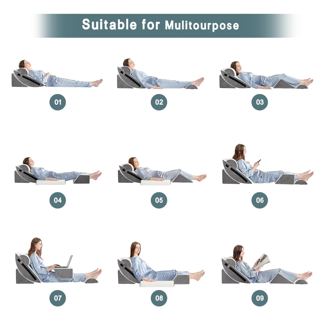 Yojoker 6pcs Orthopedic Bed Wedge Pillow Set for Post Surgery, Memory Foam for Sleeping, Back and Leg Pain Relief Comfortable & Adjustable Support Pillows-Anti Snoring, Heartburn