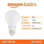 Amazon Basics A19 LED Light Bulb, 60 Watt Equivalent, Energy Efficient 12W, E26 Standard Base, Soft White 2700K, Dimmable, 10,000 Hour Lifetime , 6-Pack