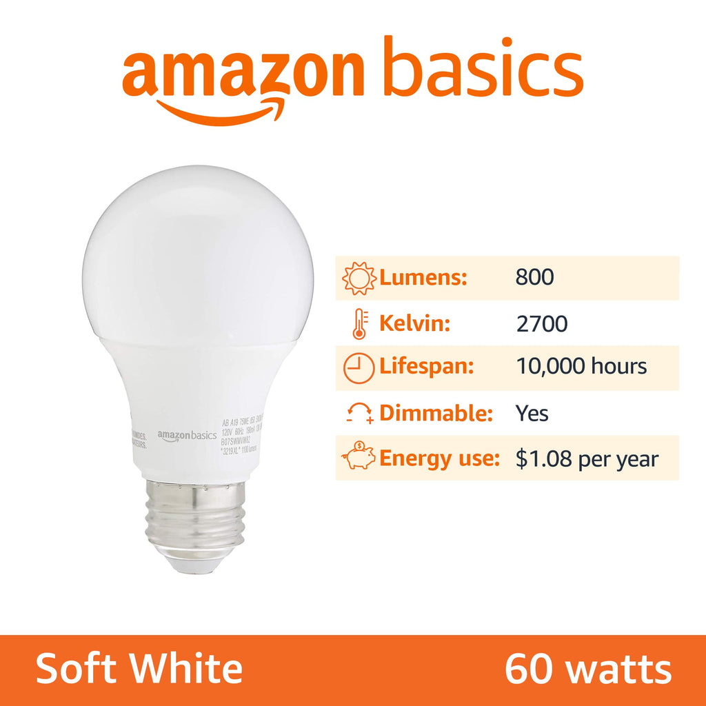 Amazon Basics A19 LED Light Bulb, 60 Watt Equivalent, Energy Efficient 12W, E26 Standard Base, Soft White 2700K, Dimmable, 10,000 Hour Lifetime , 6-Pack