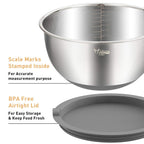 Wildone Mixing Bowls with Airtight Lids Set, 5PCS Stainless Steel Nesting Bowls Set for Kitchen, with Grater Attachments & Non-Slip Bottoms, Size 5, 3, 2, 1.5, 0.63 QT, Great for Baking & Serving