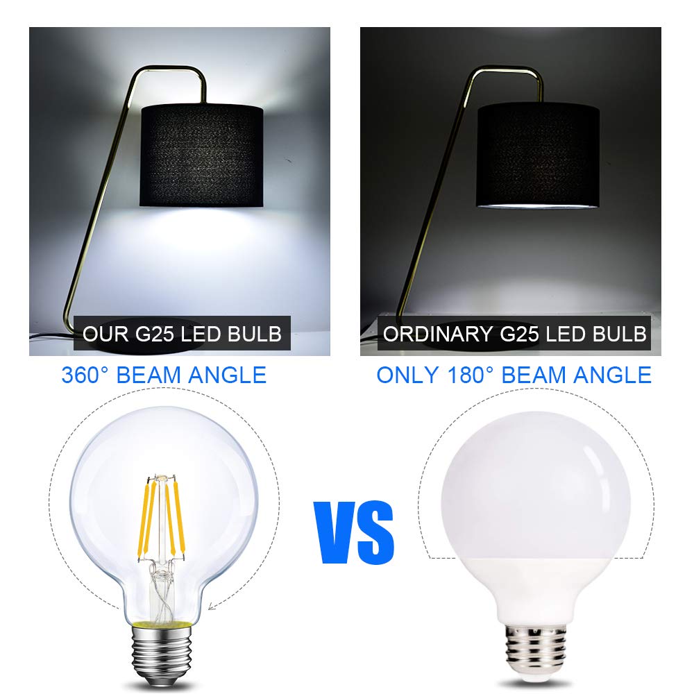 Dimmable LED Edison Light Bulb, G25 (G80) Globe Bulb, 60W Equivalent, 5000K Daylight, Christmas Light, E26 Standard Base, UL Listed, 6-Pack