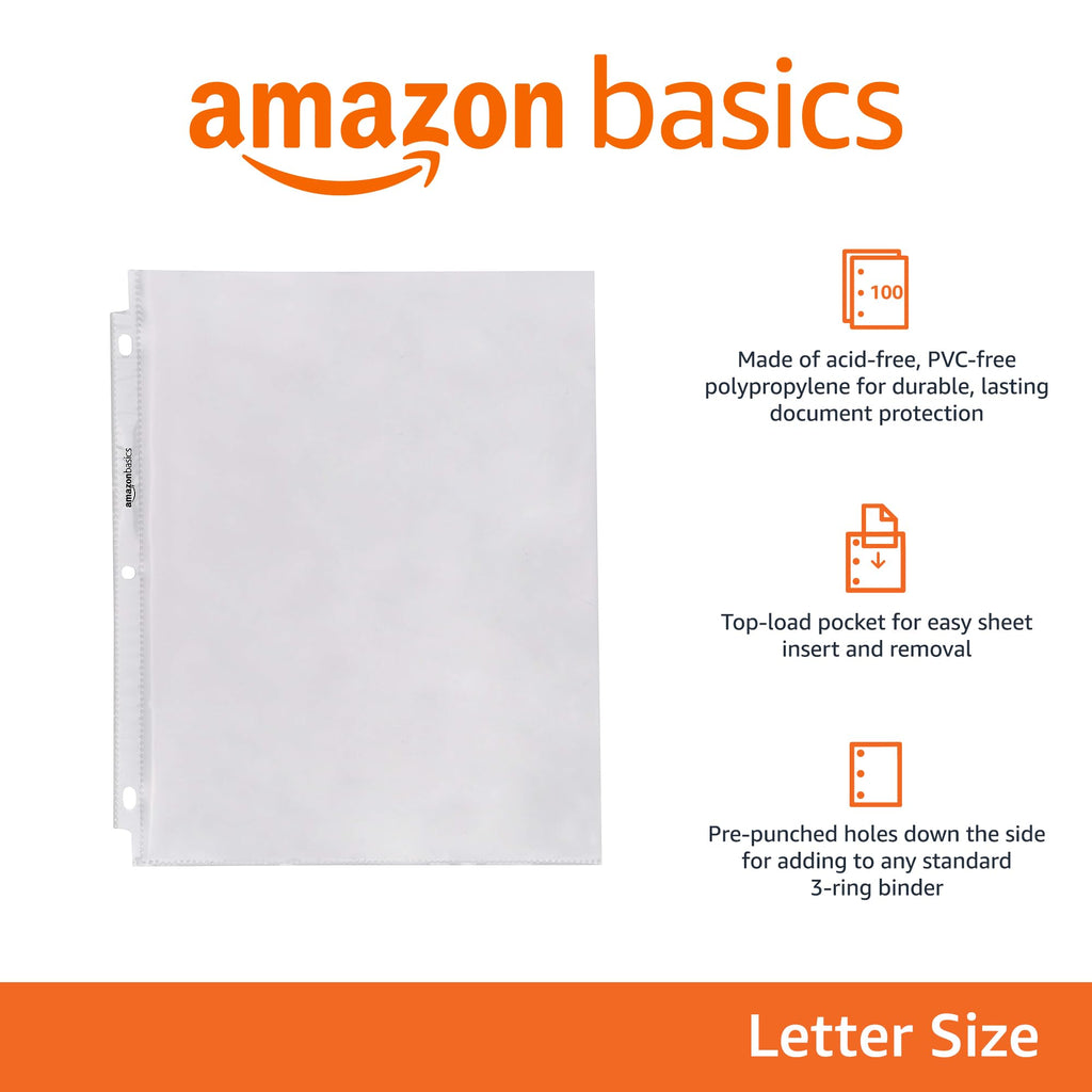 Amazon Basics Clear Sheet Protectors for 3 Ring Binder, 8.5 x 11 Inch,Polypropylene, 100-Pack