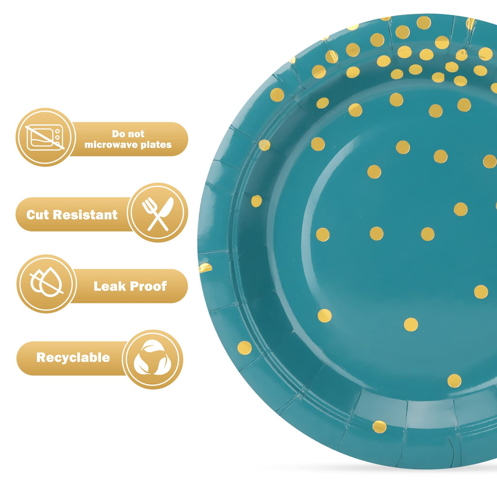 CENLBJ Blue Green Gold Paper Plates,100 Pack Gold Dots Party Paper Plates,Disposable Party Supplies Dessert Paper Plates for Father's Day,Independence Day,Birthday,Picnics(7Inch)
