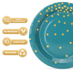CENLBJ Blue Green Gold Paper Plates,100 Pack Gold Dots Party Paper Plates,Disposable Party Supplies Dessert Paper Plates for Father's Day,Independence Day,Birthday,Picnics(7Inch)