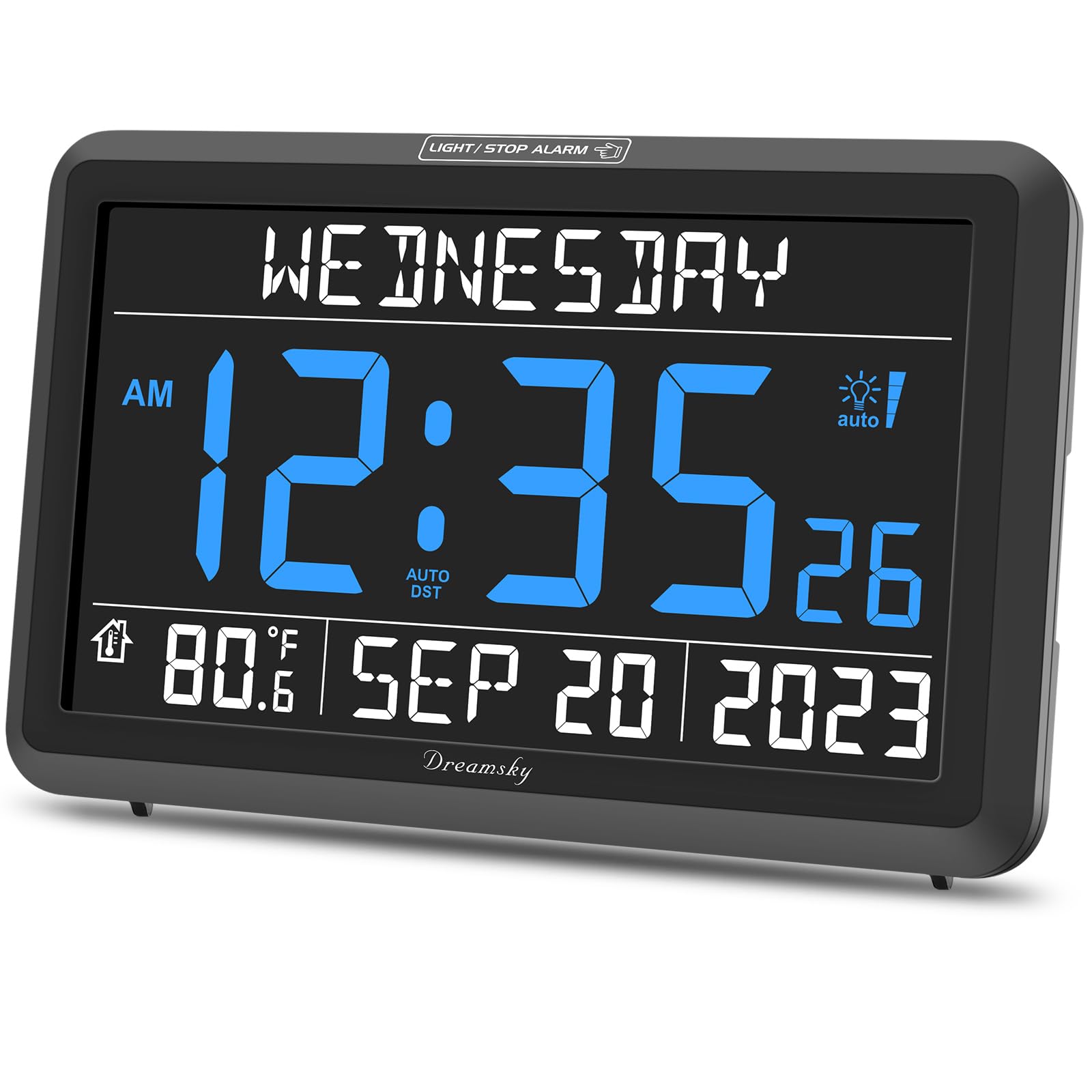 DreamSky Digital Clock with Date and Day of Week for Seniors - Colorful Large Calendar Day Clock for Elderly Dementia Bedroom Bedside, 6 Loud Alarms, Adjustable Backlight, Battery Backup, Auto DST