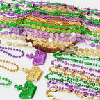 100PCS Mardi Gras Accessories, 11 Kinds Mardi Gras Beads Coins Mask Shape Necklace, Metallic Green Purple Gold Beads Parade Throw Costumes, Festival Carnivals Celebration Events Party Throws Supplies