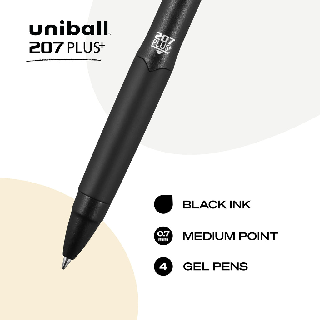 207 Plus+ Retractable Gel Pens, Medium Point (0.7mm), Black, 4 Pack