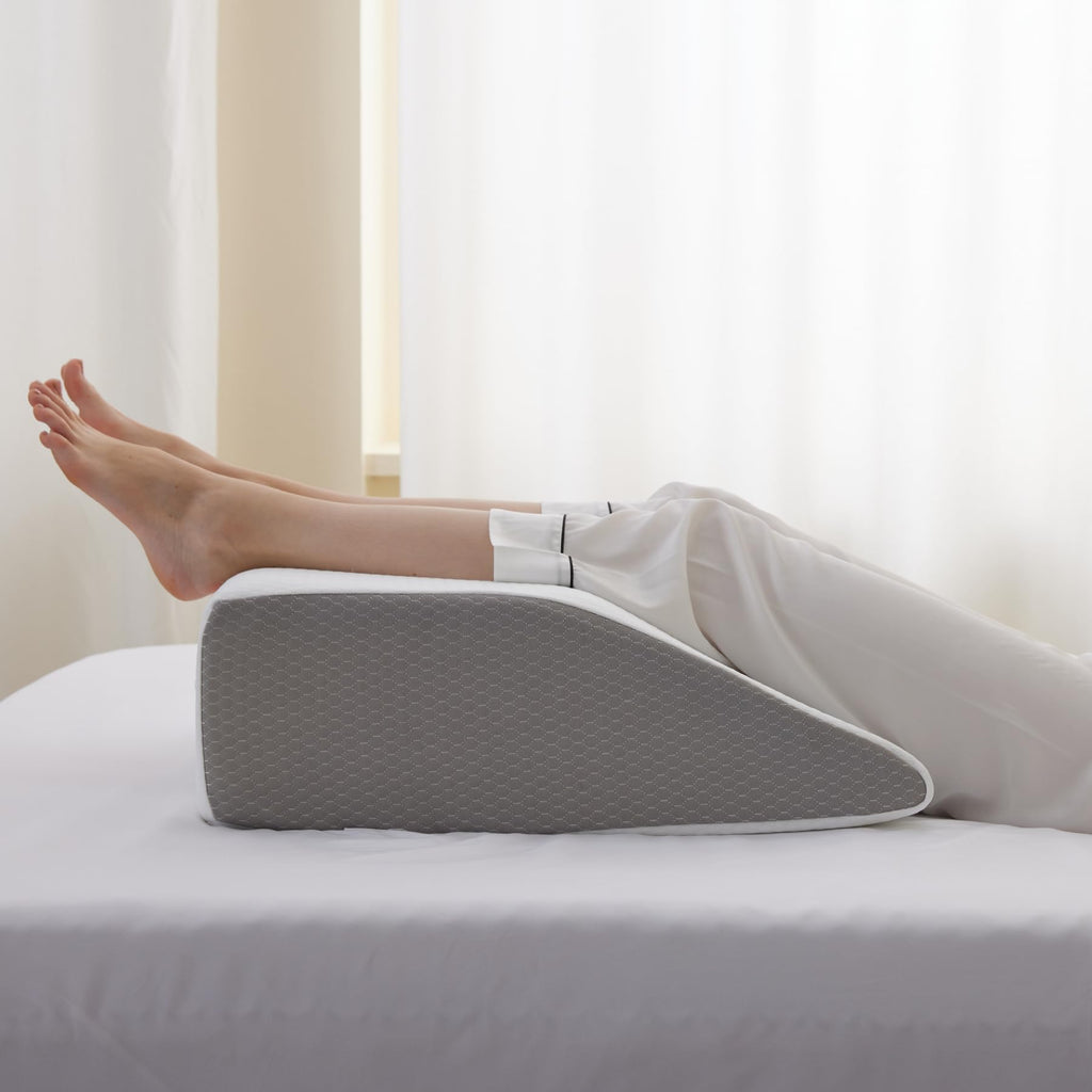 Bedluxe Leg Pillow, 8inch Leg Elevating Pillow for After Surgery, Blood Circulation, Leg Wedge Pillow for Side Sleeping, Leg Rest for Swelling, Cooling Gel Memory Foam Top, White/Grey