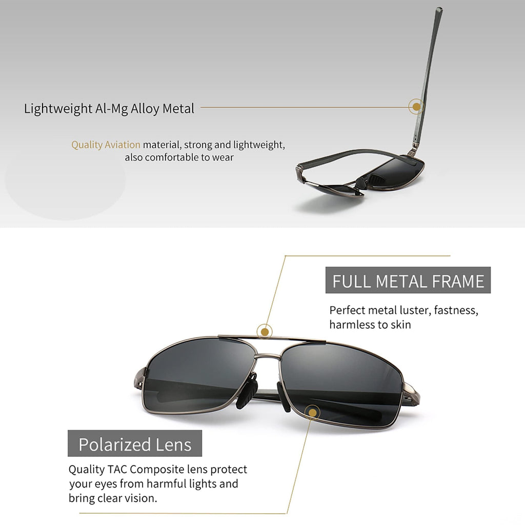 Ultra Lightweight Rectangular Polarized Sunglasses Men UV400 Protection (Gunmetal Frame Gray Lens, 62) Metal Frame SGT458 QKH-CA