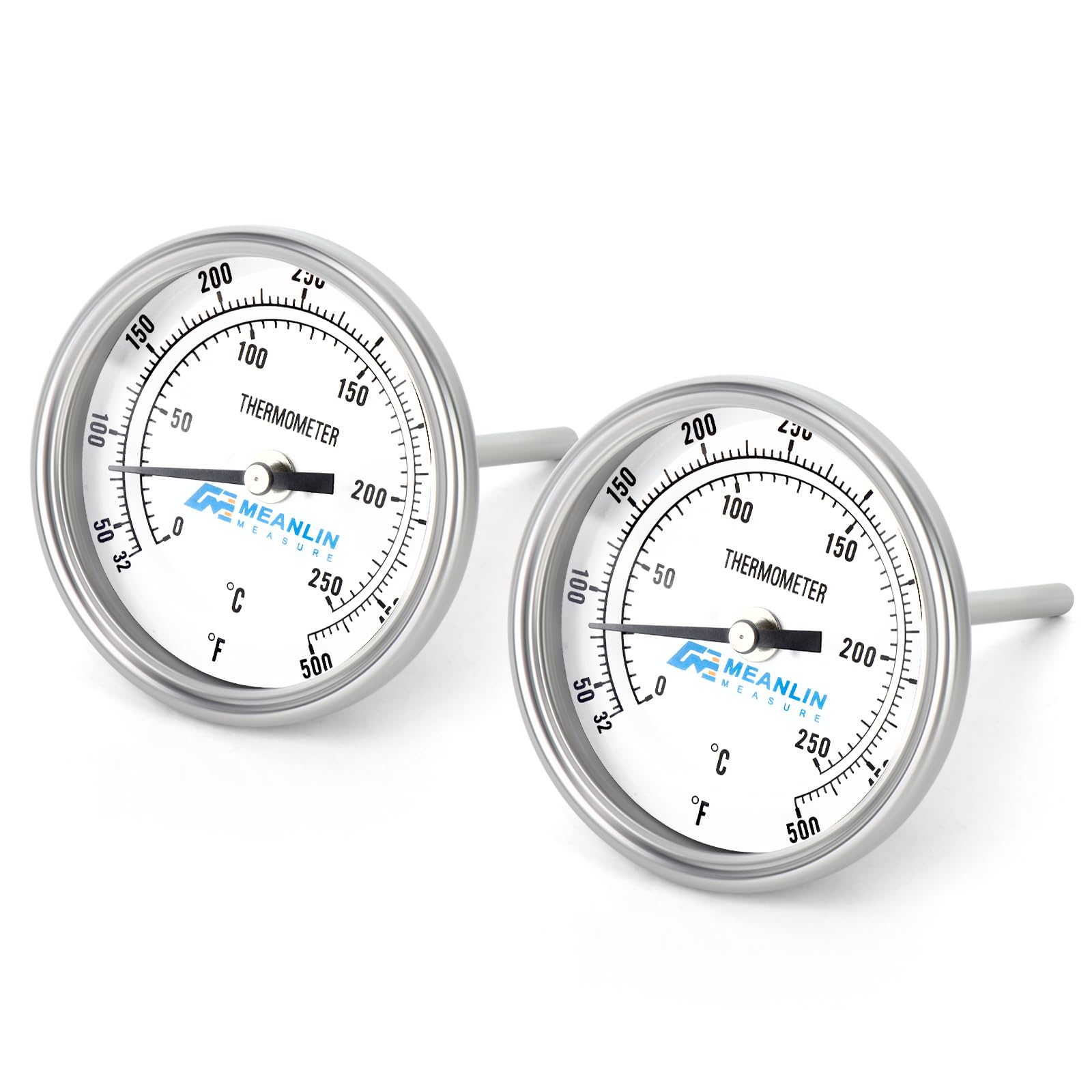 MEANLIN MEASURE 2Pcs 1/2" NPT Bimetal Thermometer for hot Water, boilers, and Pipes，3" Dial, 4" Stainless Steel Stem，Temperature Range 50-500°F/10-250°C, Accuracy 2%,Lower Mount