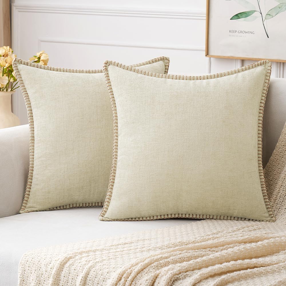 MIULEE Pack of 2 Couch Throw Pillow Covers 18x18 Inch Cream White Farmhouse Decorative Pillow Covers with Stitched Edge Soft Chenille Solid Dyed Christmas Pillow Covers for Sofa Bed Living Room