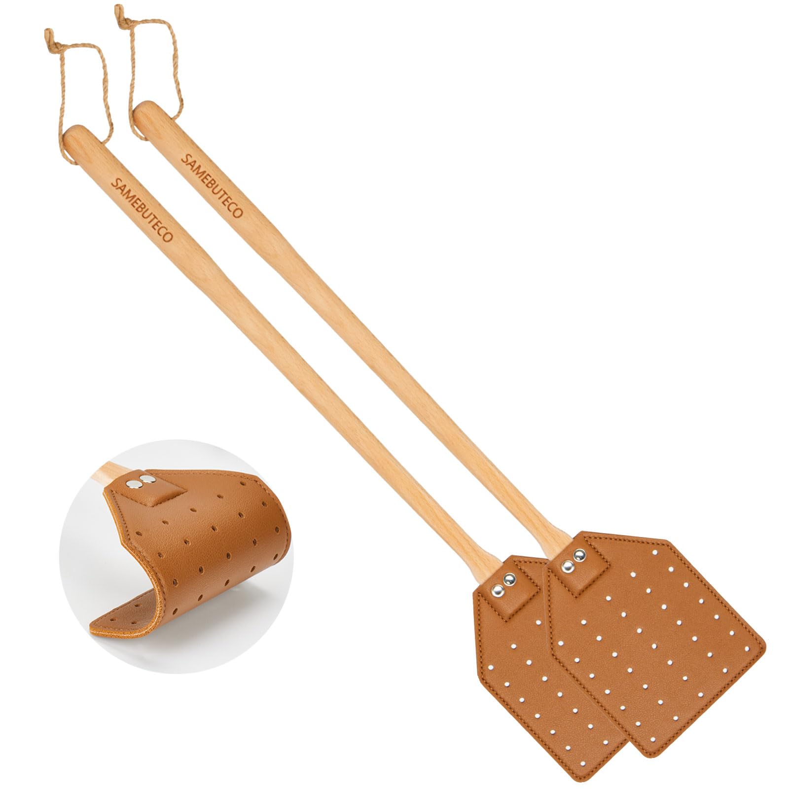 SAMEBUTECO Heavy-Duty Leather Fly Swatter with Bench Wood Handle - 19.7" Length, Ideal for Effective Insect Control (2-Pack, Brown)