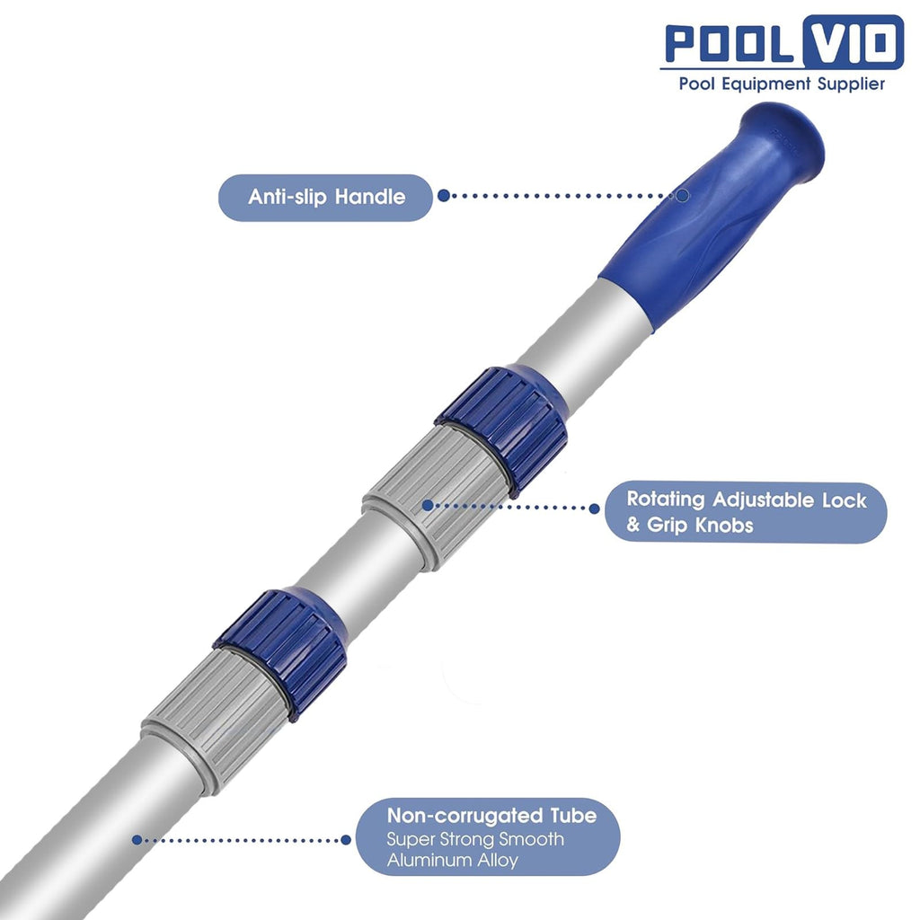 Poolvio 15 FT Telescopic Pool Pole - Adjustable 3 Piece Aluminum Pool Skimmer Pole for Pool Cleaning Skimmer Nets Vacuum Heads & Brushes, Strong Grip & Lock