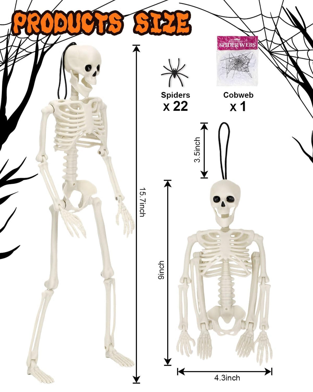5 Pack Skeletons Halloween Decorations,16in Full Body Posable Joints Halloween Skeleton Decor with 22 Spiders& Cobweb Outdoor Halloween Decorations Indoor Spooky Party Props Halloween Tree Decors