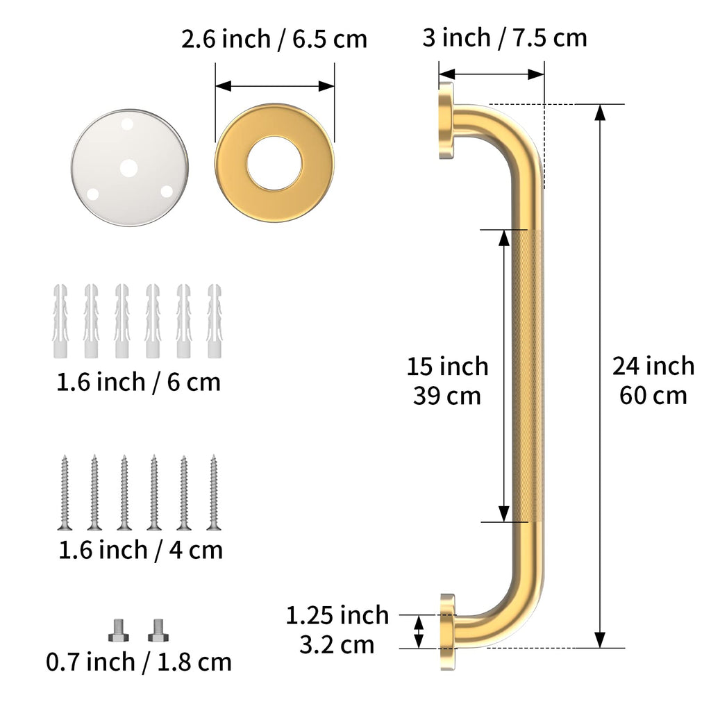 24 Inch Anti Slip Shower Grab Bar Gold, Munzong 2 Pack Bathroom Grab Bar, Knurled Bathroom Balance Bar,Safety Hand Rail Support Handicap Elderly Injury Senior Assist Bath Handle
