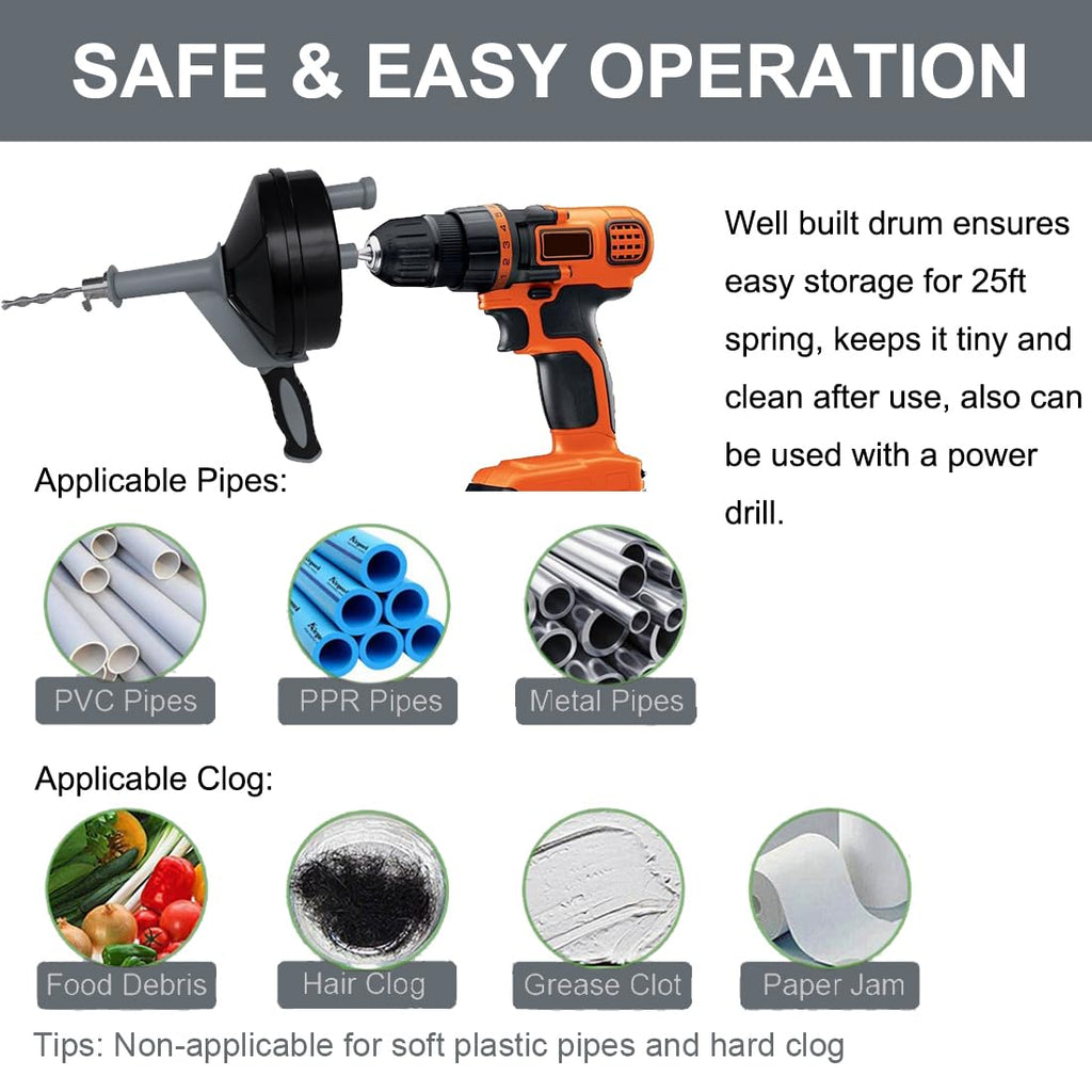 Drain Auger, Clog Remover with Drill Adapter, 25 Feet Flexible Plumbing Snake Use Manually or Powered for Kitchen,Bathrom and Shower Sink, Comes with Gloves(Gray)