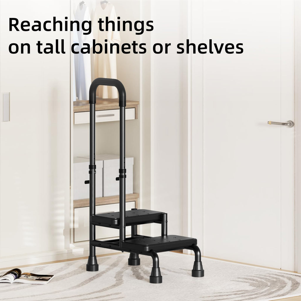 2 Step Stool with Handle for Seniors - Adjustable Handrail &Non-Skid Platform, Heavy Duty 2 Step Stool for Adults, Elderly, Foot Stool for Bedside, Kitchen, Car, Bathtub,Holds up to 440lbs