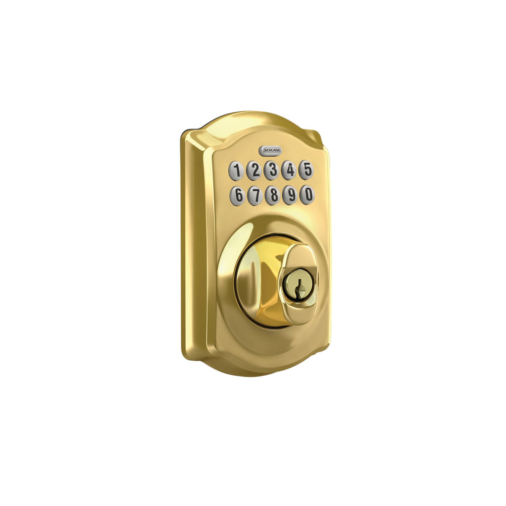Schlage Camelot Electronic Keypad Deadbolt Lock, Keyless Front Door Entry, Mechanical Key Backup Included, Bright Brass, BE365 CAM 505