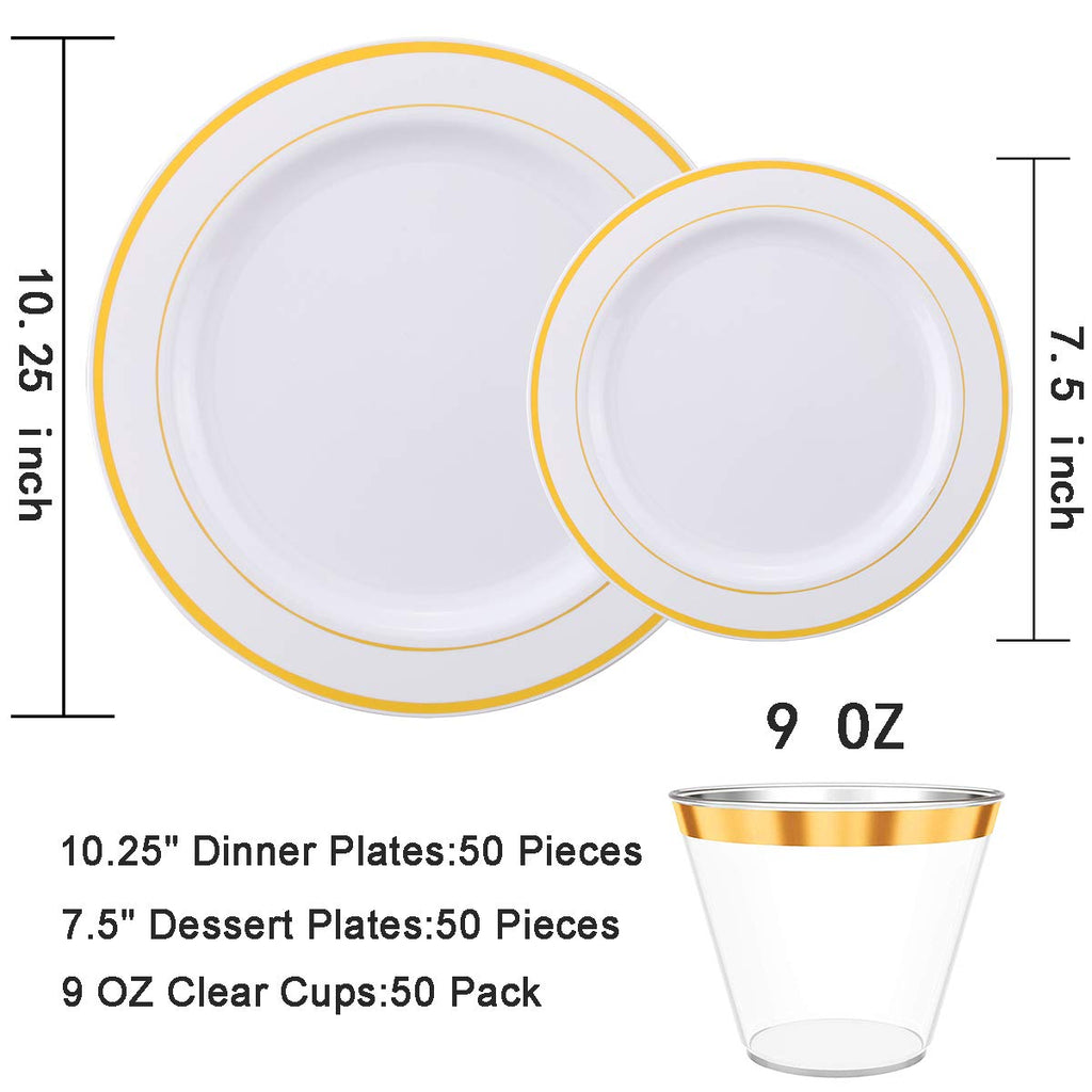 350 Pieces Gold Plastic Plates with Disposable Silverware and Cups, Include: 50 Dinner Plates 10.25”, 50 Dessert Plates 7.5”, 50 Gold Rim Cups 9 OZ, 50 Per Rolled Napkins with Cutlery