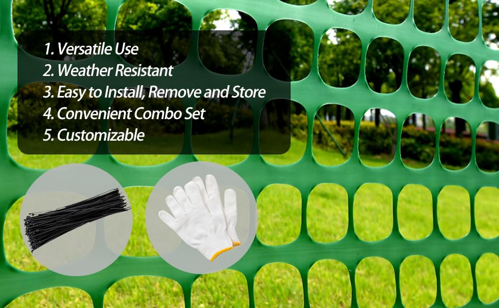 PotatoLife Plastic Mesh Fence Safety Fence, 4'x100' Roll with 100 Zip Ties, Resuable Temporary Netting for Garden Fencing, Construction, Snow Fencing, Animal Barrier, Poultry, Deer, Patio, Green