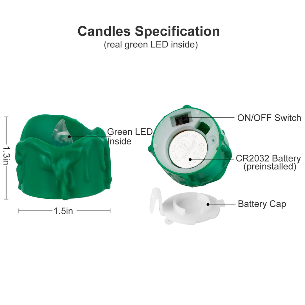 Windshell Green Flickering Flame Tealight Candles with 6H Timer (No Remote), Melting Design (Plastic), Battery Operated LED Flameless Tea Lights for Party, Wedding, Halloween and Christmas, Pack of 12