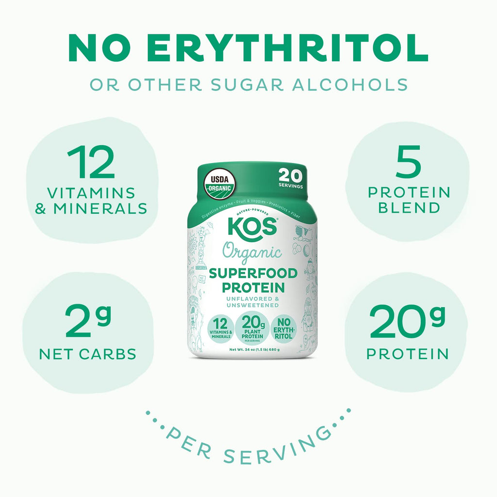 KOS Vegan Protein Powder, Unflavored & Unsweetened - Low Carb Pea Protein Blend, Organic Superfood Rich in Vitamins & Minerals - Keto, Soy, Dairy Free - Meal Replacement for Women & Men - 20 Servings