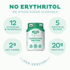 KOS Vegan Protein Powder, Unflavored & Unsweetened - Low Carb Pea Protein Blend, Organic Superfood Rich in Vitamins & Minerals - Keto, Soy, Dairy Free - Meal Replacement for Women & Men - 20 Servings