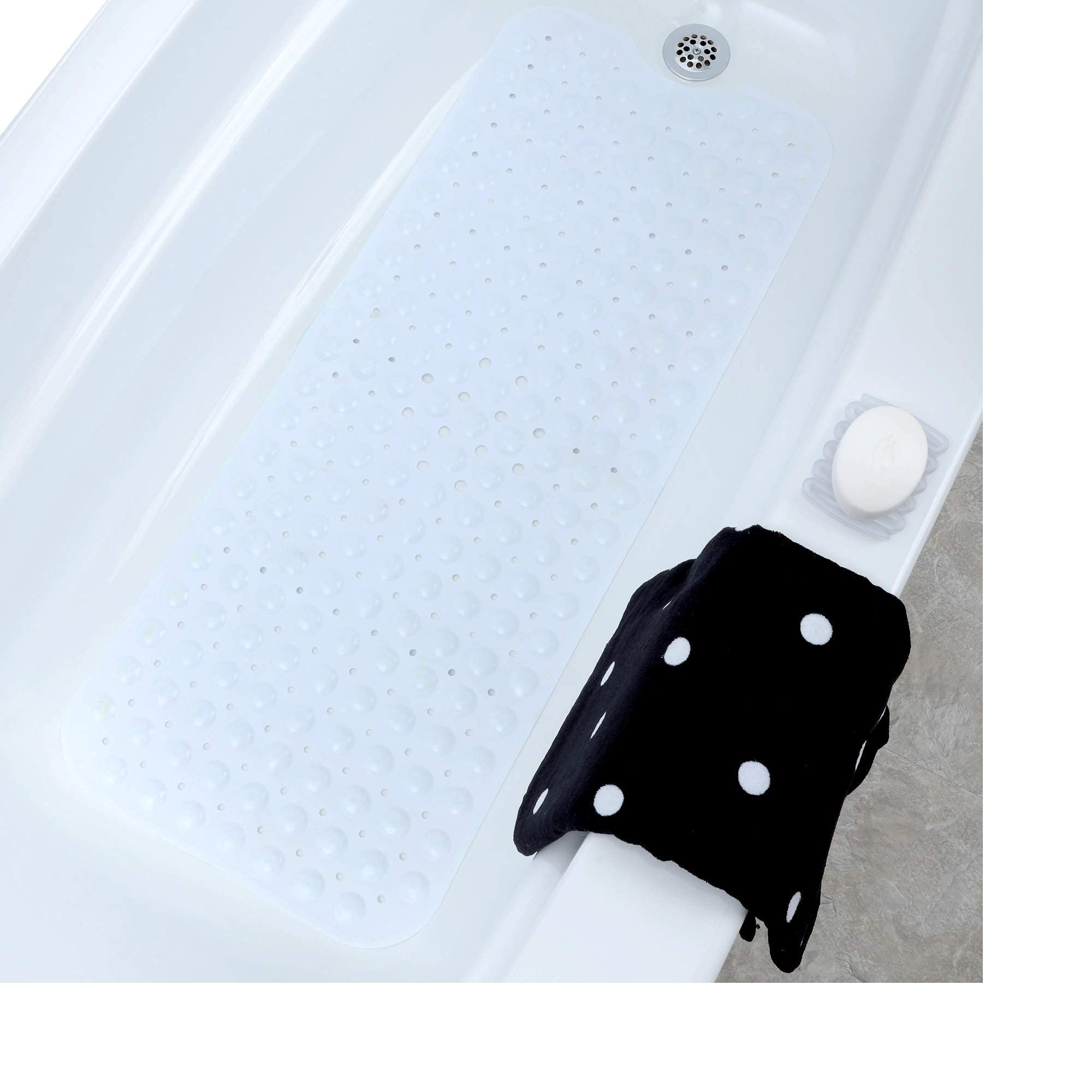 SlipX Solutions Power Grip Extra Long Bath Tub & Shower Mat 39x16, Wet Floor Non-Slip for Elderly & Kids Bathroom, 30% Longer Bathtub Mats, 200 Suction Cups, Drain Holes (1, White)