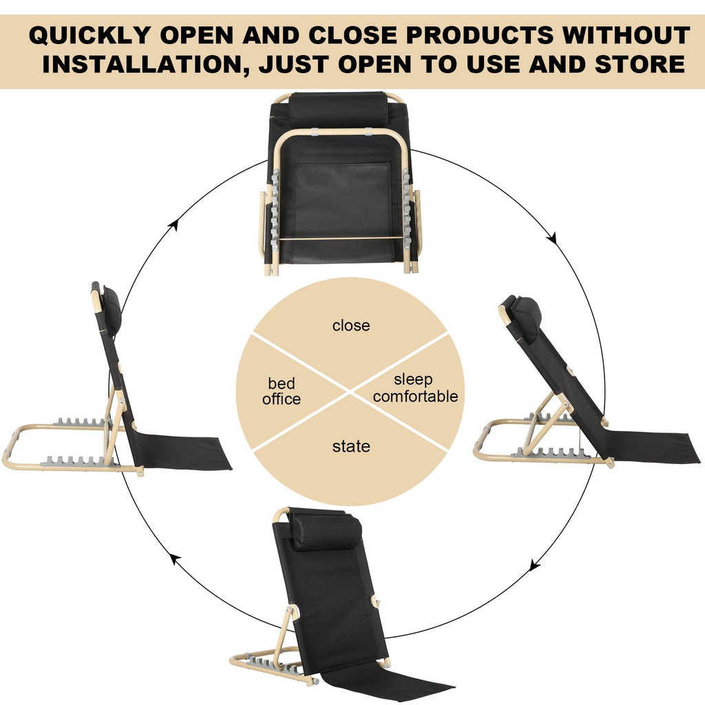 Menkxi Lifting Bed Backrest Portable Folding Adjustable Sit up Back Rest Multifunction Chair for Bed Change Angle of Backrest for Elderly Patients Back Neck Lumbar Support (Black,28.4 Inch)
