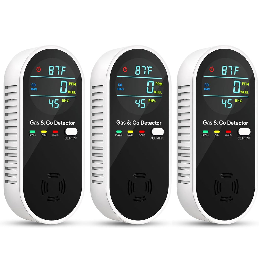 Natural Gas Leak Detector and Carbon Monoxide Detectors - 4 in 1 Natural, Propane, Co & Gas Leak Detector - Carbon Monoxide Detectors Plug in - Temperature & Humidity Detectors for Home, RV (3 Packs)
