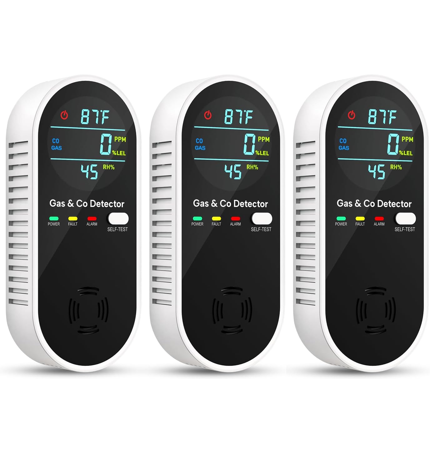 Natural Gas Leak Detector and Carbon Monoxide Detectors - 4 in 1 Natural, Propane, Co & Gas Leak Detector - Carbon Monoxide Detectors Plug in - Temperature & Humidity Detectors for Home, RV (3 Packs)