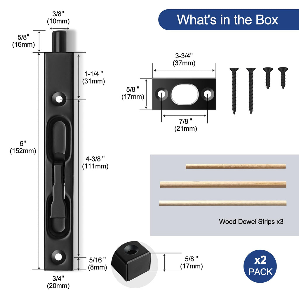 MOSECYOU Flush Bolt French Door Lock 6”, 2 Packs, Bolt Latch for Double Doors, Flip Lever Mechanism, Door Top/Bottom Lock for Sliding/Patio/Storm Door (Black, 6 in. - 2pack)