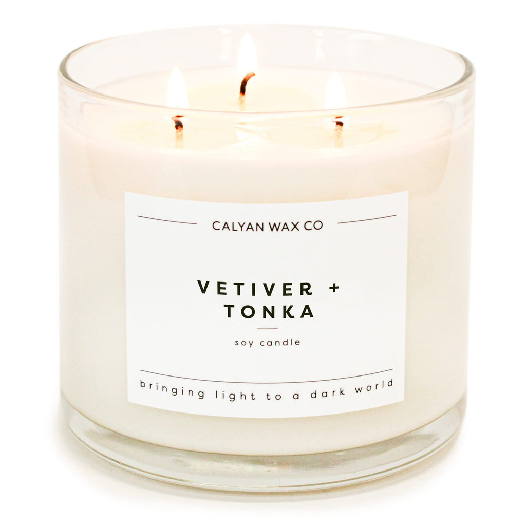 Calyan Wax Soy Wax Candle, Vetiver & Tonka, 3 Wick Scented Candle for The Home | Premium Candle with Essential Oils | 14.9 oz Soy Wax, 43 Hour Burn Time, Large Candle in Glass Jar