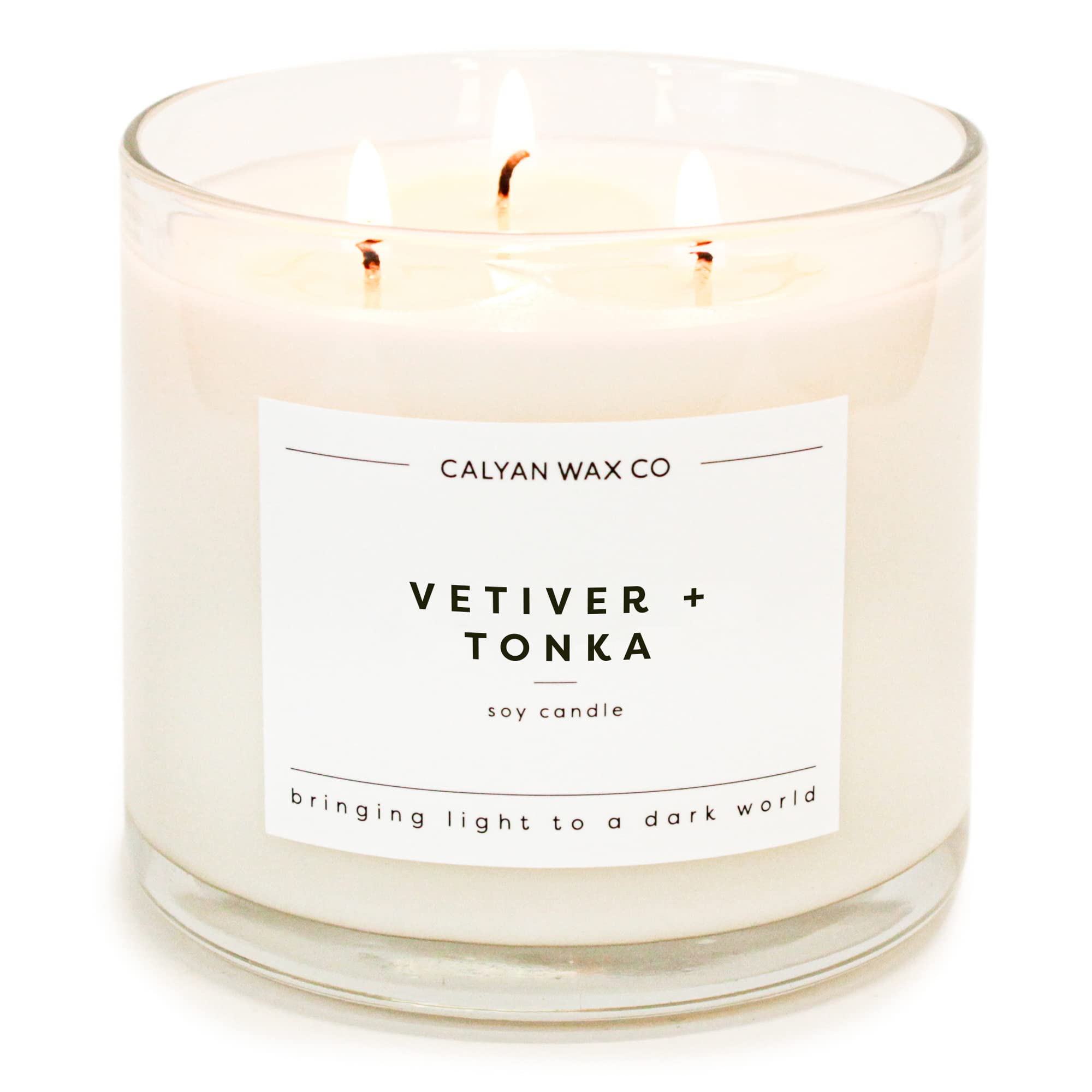 Calyan Wax Soy Wax Candle, Vetiver & Tonka, 3 Wick Scented Candle for The Home | Premium Candle with Essential Oils | 14.9 oz Soy Wax, 43 Hour Burn Time, Large Candle in Glass Jar
