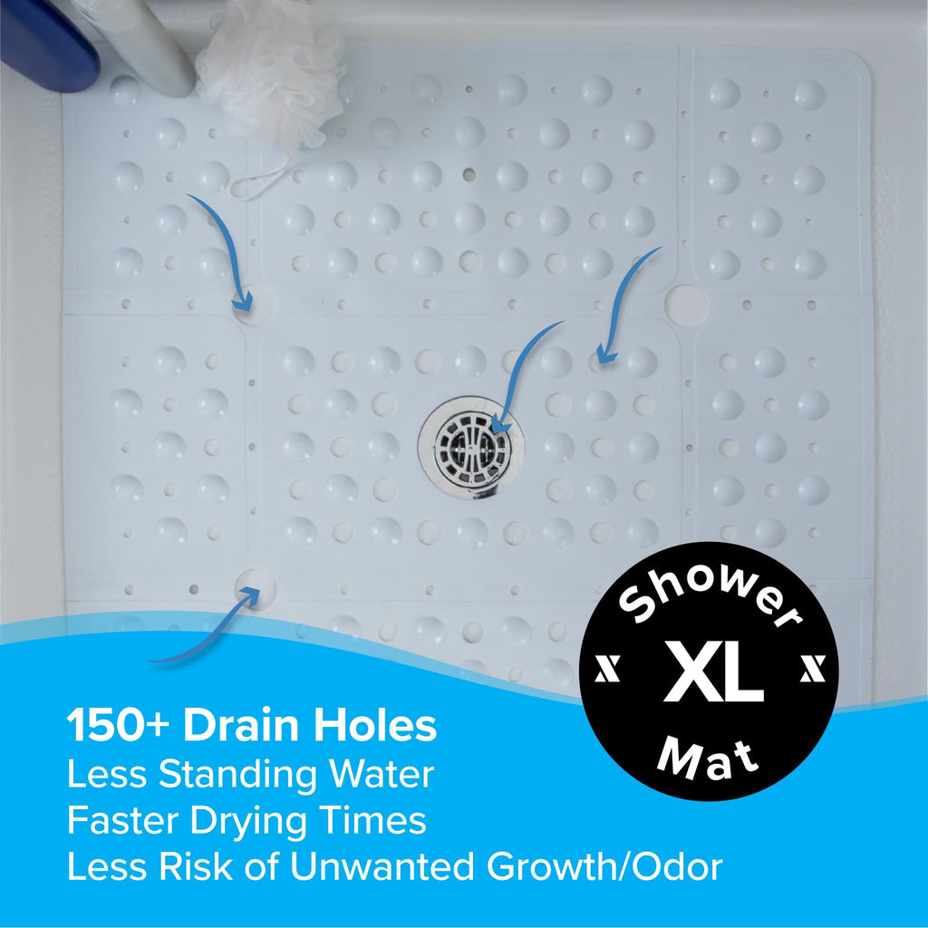 SlipX Solutions Extra Large Square Shower Mat, 27"x27", Non-Slip Stall Mat for Elderly & Kids Standing Bath Tub Mat, Machine Washable, Suction Cups, White