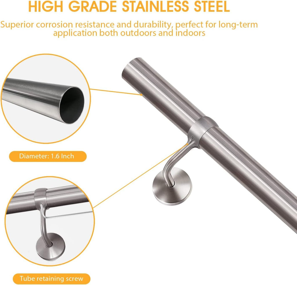 ROTHLEY Metal Stair Railing Handrail: 11.8FT Stainless Steel Hand Railings for Stairs Outdoor Indoor Wall Mount Stair Handrail Complete Kit 1.6" Round Hand Rail for Elderly & Kids (Brushed Finish)