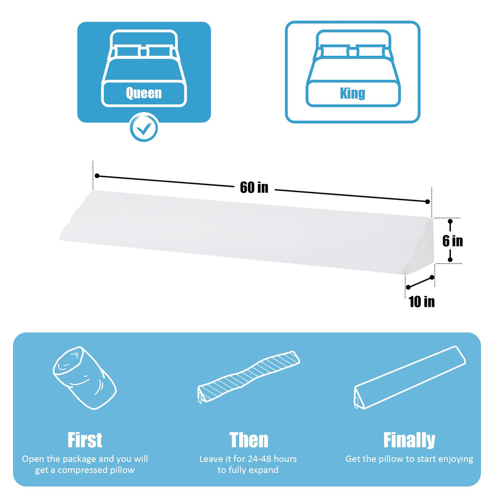 MEGCXIT Queen Bed Wedge Pillow for Headboard, Foam Pillow Wedge for Headboard Gap, Mattress Bed Gap Filler Queen Triangle Pillow Wedge, Anti-slip Bed Crack Pillow Space Filler Queen (60"×10"×6") White