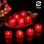 Windshell Red Flickering Flame Tealight Candles with 6H Timer (No Remote), Melting Design, Battery Operated LED Flameless Tea Lights for Party, Wedding, Christmas and Valentine's Day, Pack of 12