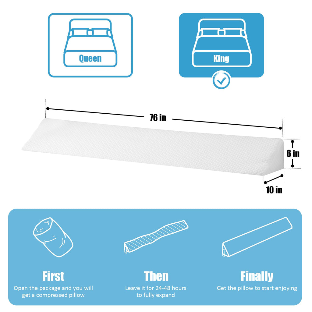 MEGCXIT King Bed Wedge Pillow for Headboard, Foam Pillow Wedge for Headboard Gap, Mattress Bed Gap Filler King, Triangle Pillow, Anti-Slip Bed Crack Pillow Space Filler (76"×10"×6") Air-Layer White