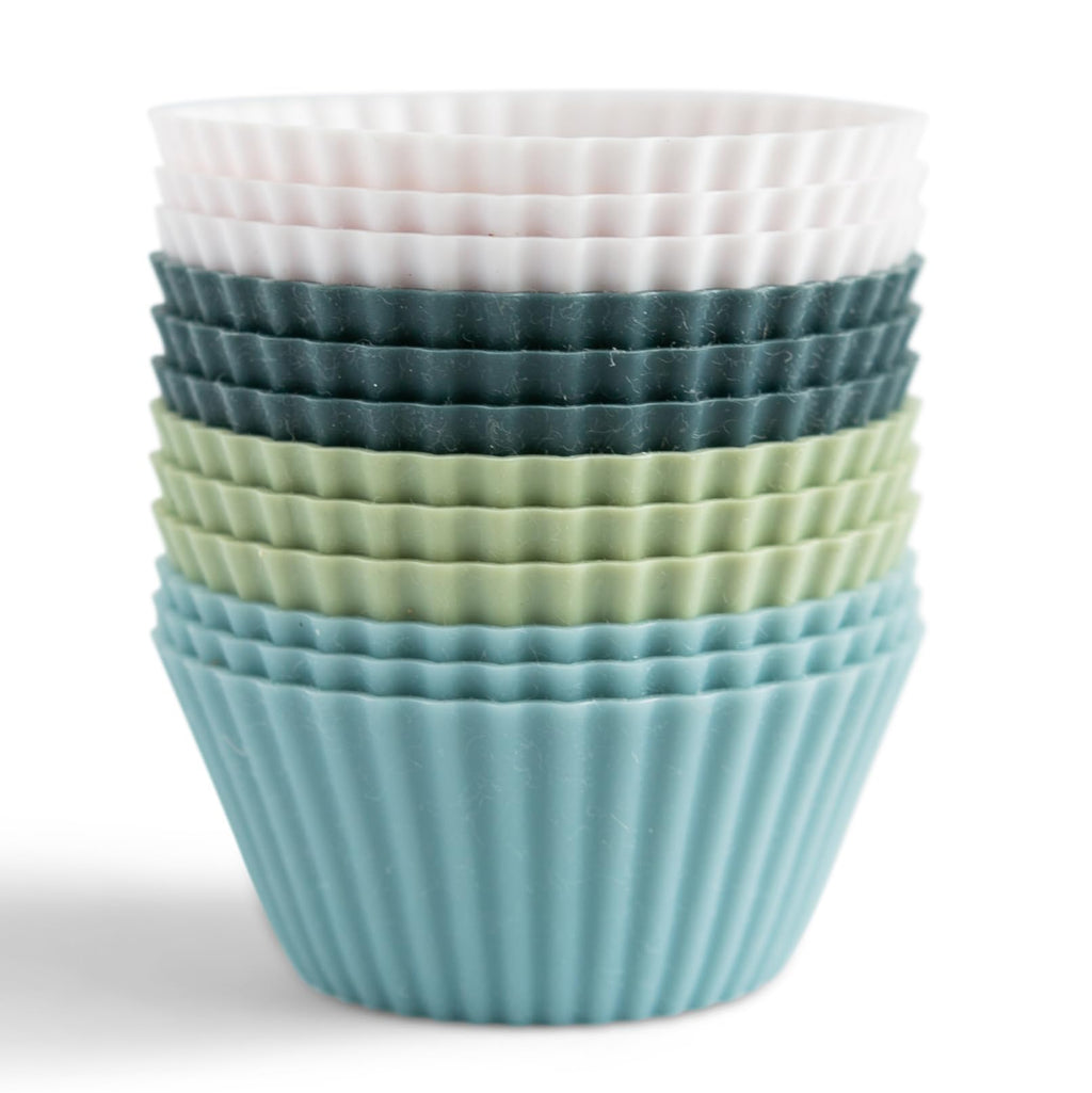 The Silicone Kitchen Reusable Silicone Baking Cup Silicone Muffin Liners for Cupcakes, BPA Free, Regular, 12 Pack, White Blue Green