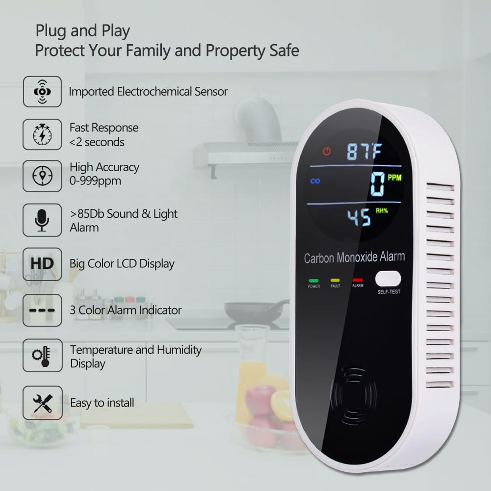 3-in-1 Carbon Monoxide Detector, Carbon Monoxide Detector Plug in Wall with Temperature & Humidity Display, CO Alarm Monitor with Color LCD Display, Accurate & Easy to Install